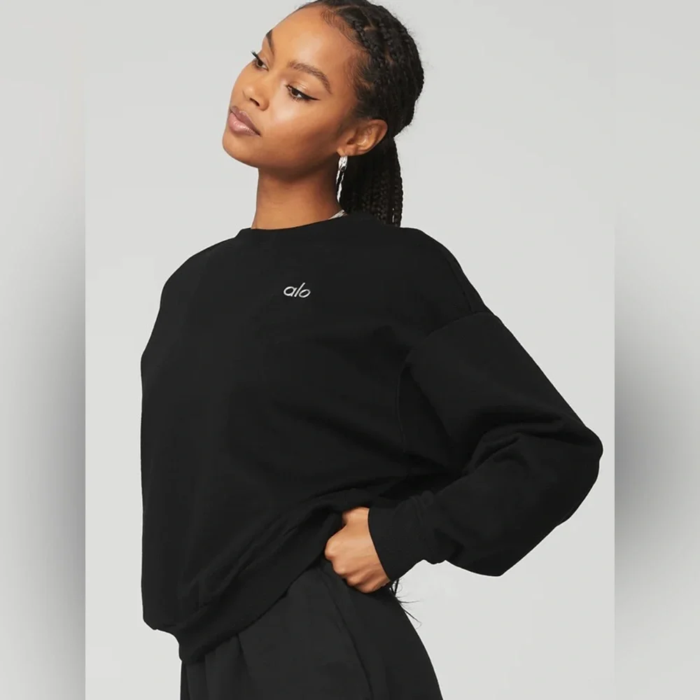 Alo Yoga NWT Accolade Crew Neck Pullover Black Size L Oversized